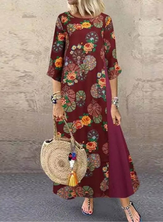 Women's Linen Maxi Dresses Floral Multicolor 3/4 Sleeve Round Neck Boho Vintage Maxi Dress