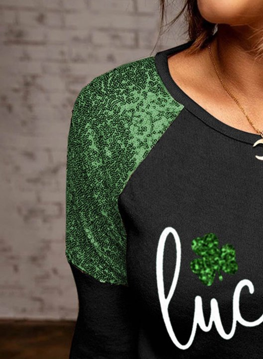 Women's St Patrick's Day Lucky Shamrock T-shirts Color-block Print Long Sleeve Round Neck Daily T-shirt