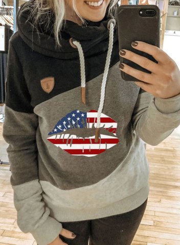 Women's Hoodies Casual Turtleneck Flag Drawstring Long Sleeve Solid Daily Hoodies