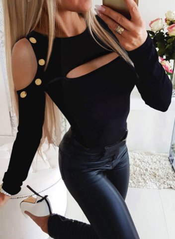 Women's Pullovers Solid Long Sleeve Round Neck Date Button Cut-out Cold-shoulder Pullover