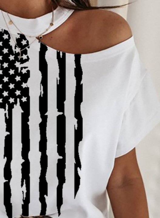 Women's T-shirts Striped Sunflower American Flag Star Cut-out Crew Neck Half Sleeve Casual Daily T-shirts