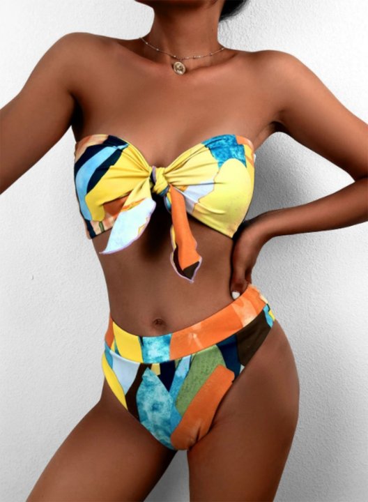 Women's Bikini Suit Multicolor High Waist Adjustable Knot Off Shoulder Wire-free Padded Vacation Suit