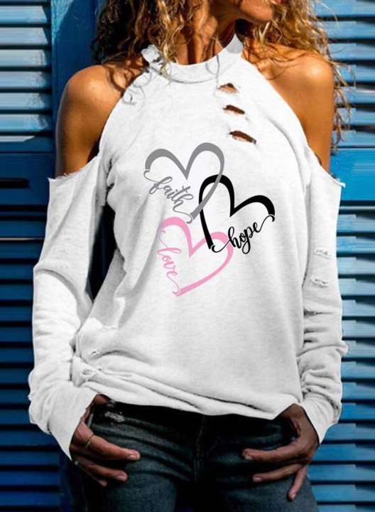 Women's Sweatshirt Faith Hope Love Letter Heart Print Long Sleeve Round Neck Cold Shoulder Casual Pullover