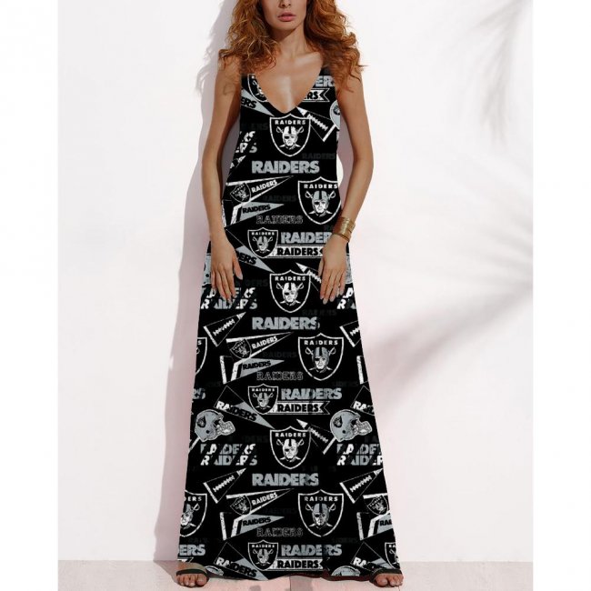 Women's Summer LAS VEGAS RAIDERS Fan Print V-neck Sleeveless Loose Long A-line Dress