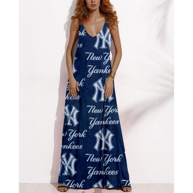 Women's Summer NEW YORK YANKEES Fan Print V-Neck Sleeveless Loose Long A-line Dress