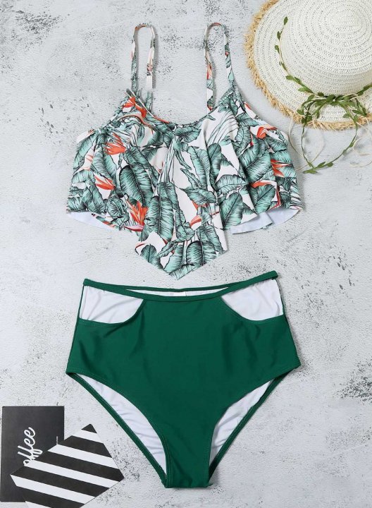 Women's Tankinis Ruffle Floral Fruits&Plants Spaghetti High Waist Double Layer Lotus Leaf Tankini