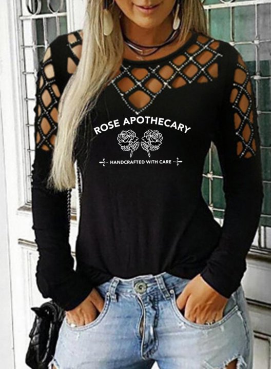 Women's Rose Apothecary Print Sweatshirts Floral Round Neck Long Sleeve Cut-out Sweatshirts