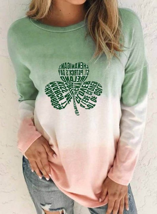 Women's St Patrick's Day Sweatshirts Color Block Clover Gradient Print Long Sleeve Round Neck Sweatshirt