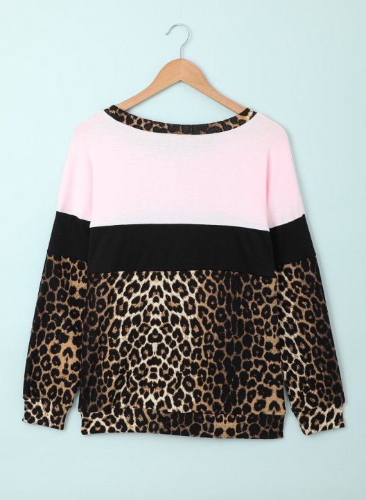 Leopard/Color Block Long Sleeve Round Neck Sweatshirt