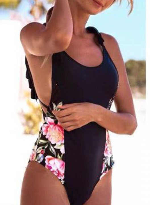 Women's One-Piece Swimsuits One-Piece Bathing Suits Floral Spaghetti Ruffle One-Piece Swimsuit