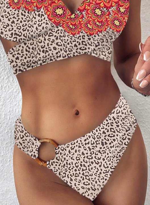 Women's Bikinis Floral Leopard Padded Mid Waist Spaghetti Sleeveless Adjustable Wire-free Beach Bikinis
