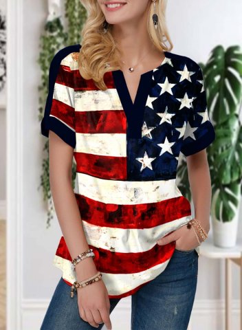 Women's American Flag T-shirts Short Sleeve V Neck Daily Casual T-shirt