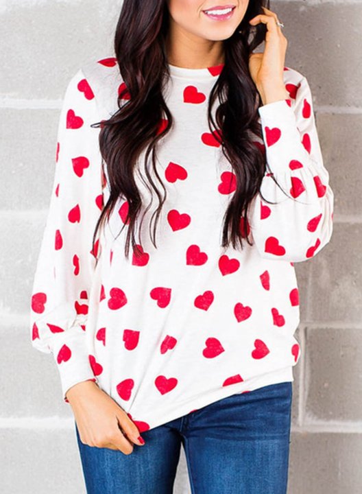 Women's Sweatshirts Color Block Heart-shaped Print Long Sleeve Round Neck Casual Sweatshirt