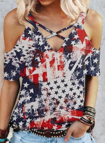 Women's T-shirts Flag Criss Cross Cold Shoulder Cut-out T-shirt