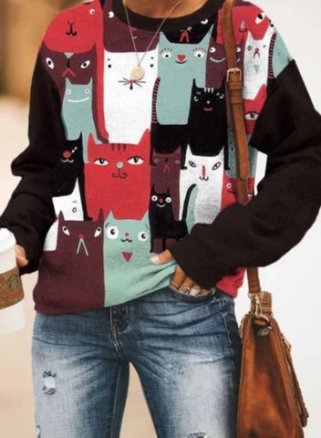 Cartoon Colorful Cat Print Paneled Casual Sweatshirt