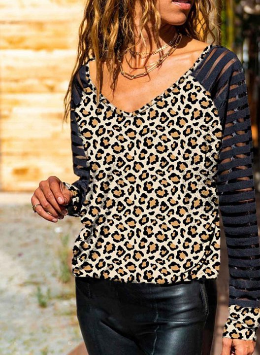 Women's Blouses Color Block Leopard Long Sleeve V Neck Daily Blouse