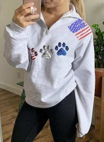 Women's Sweatshirts High Neck Zip American Flag Dog Paw Print Long Sleeve Sweatshirts