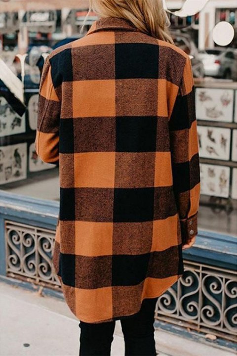 Buttons Up Plaid Print Long Coat