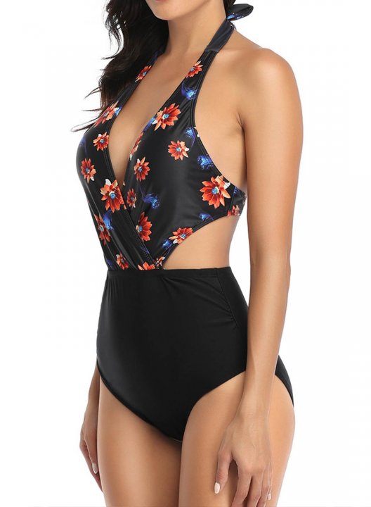 Women's One Piece Swimwear Fruits & Plants V Neck Knot Boho One-Piece Swimsuits One-Piece Bathing Suits