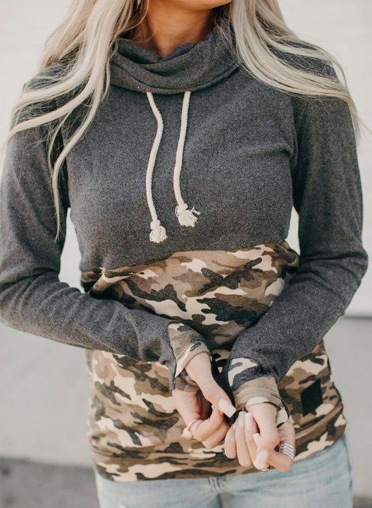 Camo Long Sleeve Cowl Neck Sweatshirts Women Color Block Tops Pullover Sweatshirts