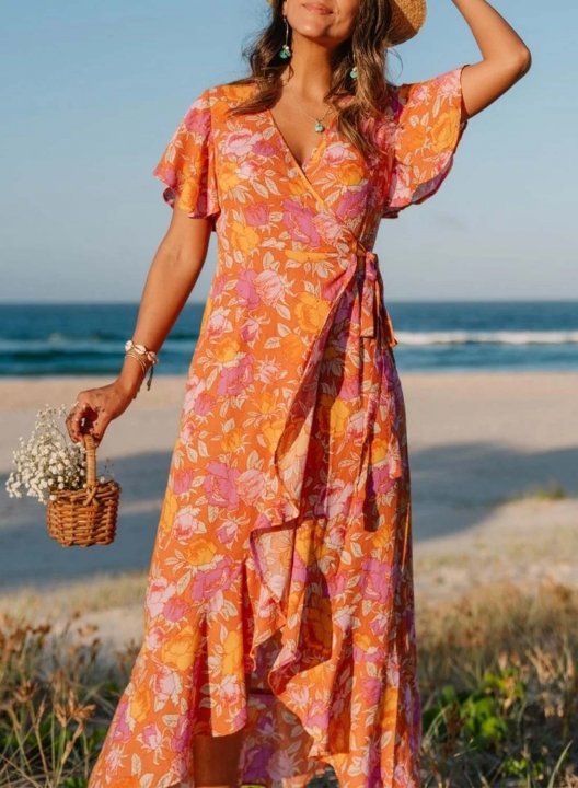 Women's Maxi Dress Floral Fit & Flare V Neck Short Sleeve Summer Daily Boho Maxi Dress