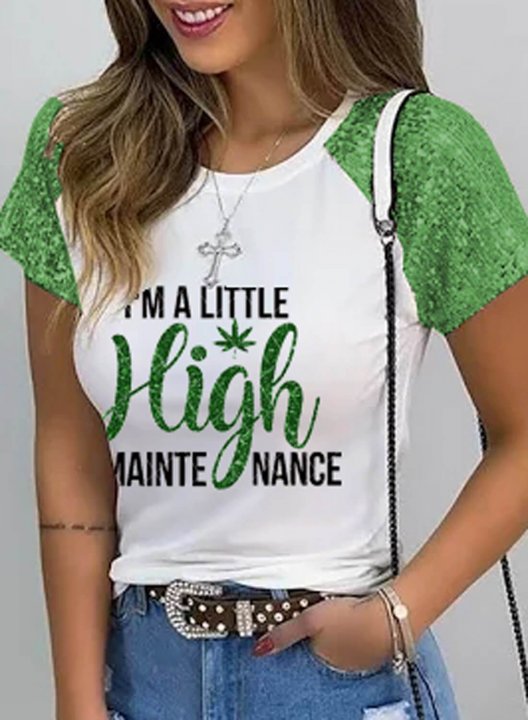 Women's T-shirts Color Block Letter Sequin Short Sleeve Round Neck Casual T-shirt