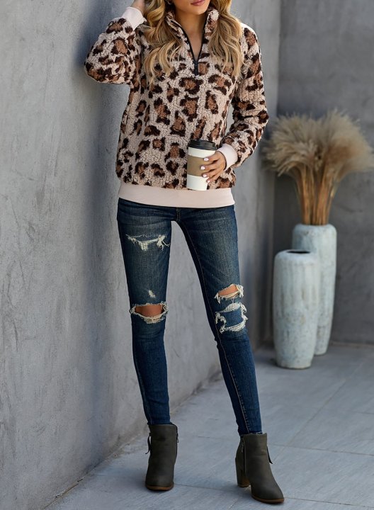 Leopard Long Sleeve High Neck Zip Sweatshirt