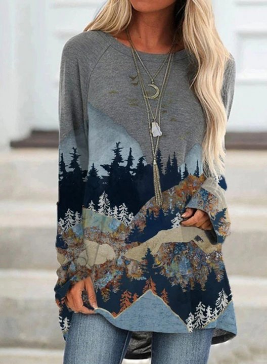 Long Sleeve Round Neck Buttocked Forest Printed Sweatshirt