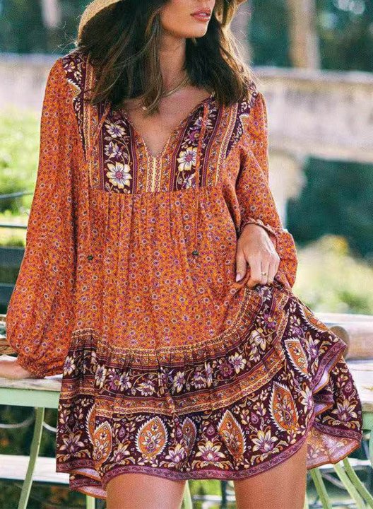 Women's Mini Dress Tribal A-line Long Sleeve V Neck Summer Vintage Boho Beach Mini Dress