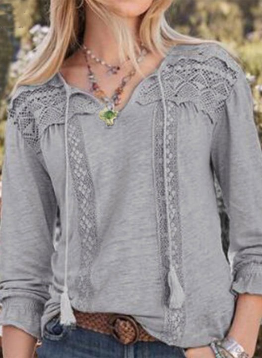 Women's Shirts Knot Lace Solid Long Sleeve V Neck Daily Casual Shirt