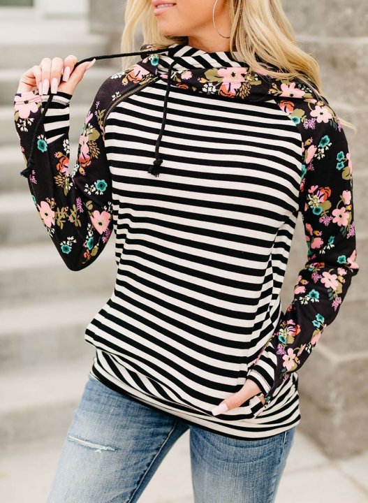 Floral-Print Paneled Striped Pocket Hoodie