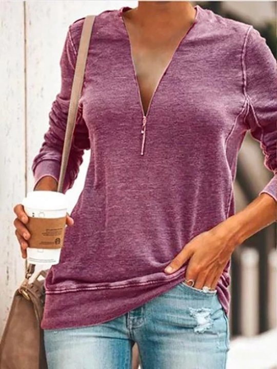 Women's V-Neck Zip Sweatshirt Cotton-Blend Long Sleeve Solid T-Shirt