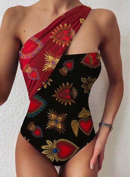 Women's One Piece Swimwear Heart-shaped One shoulder Asymmetric One-Piece Swimsuits One-Piece Bathing Suits