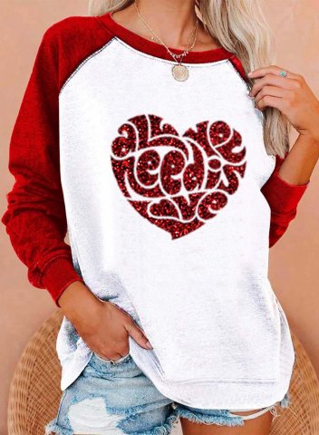 Women's Sweatshirts Letter Color Block Print Sequin Heart Print Long Sleeve Round Neck Casual Sweatshirt