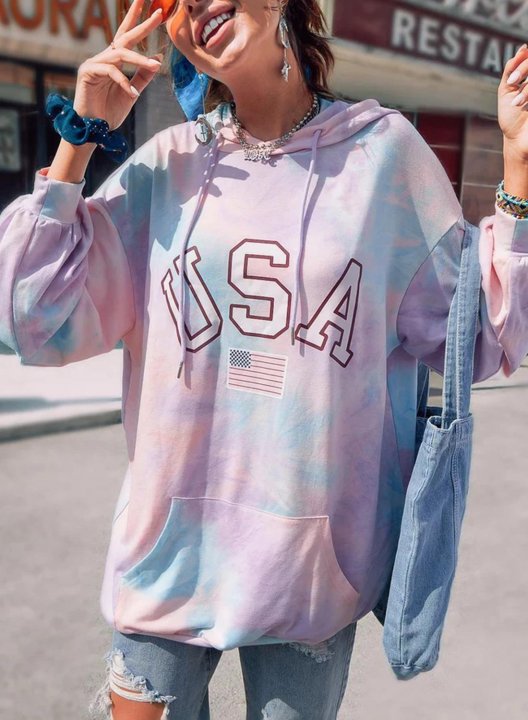 Women's Hoodies Tie-dye Flag Letter Print Long Sleeve Casual Pocket Hoodie