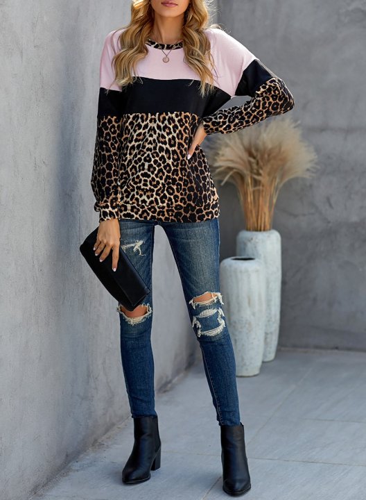 Leopard/Color Block Long Sleeve Round Neck Sweatshirt