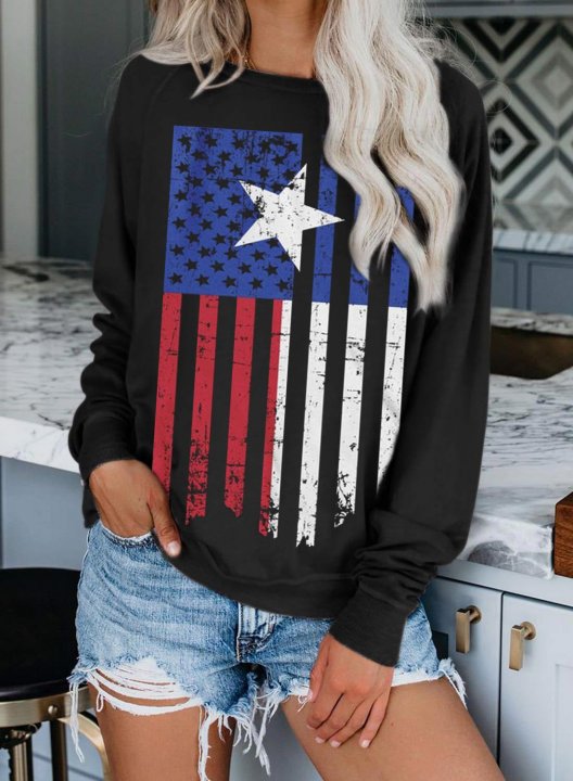 Women's Sweatshirts American Flag Festival Print Long Sleeve Round Neck Casual Texas Independence DaySweatshirt