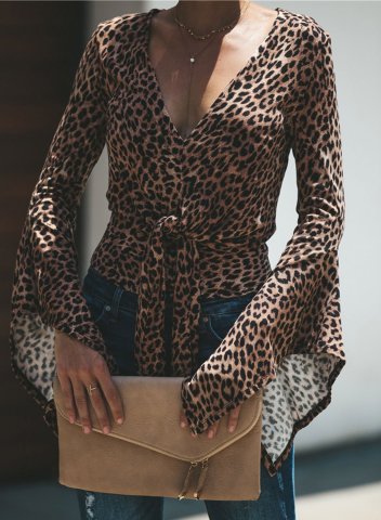Women's Blouse Leopard V Neck Long Sleeve Knot Daily Casual Blouse