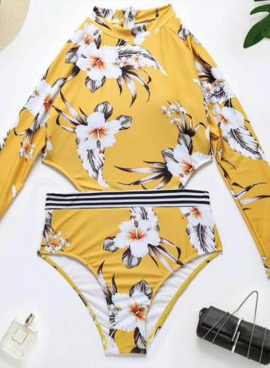 Women's Surf Suit Floral Color Block Padded Round Neck Long Sleeve Unadjustable Wire-free Vacation Beach Open-back Suit