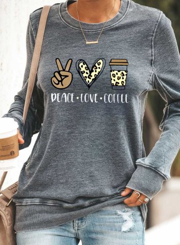 Women's Peace Love Cooffee Letter Sweatshirt Solid Long Sleeve Round Neck Casual Daily Shirt