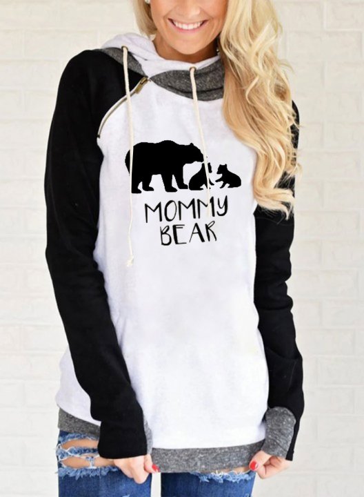 Women's Hoodies Color Block Bear Letter Mommy Bear Print Long Sleeve Casual Zip Pocket Drawstring Hoodie