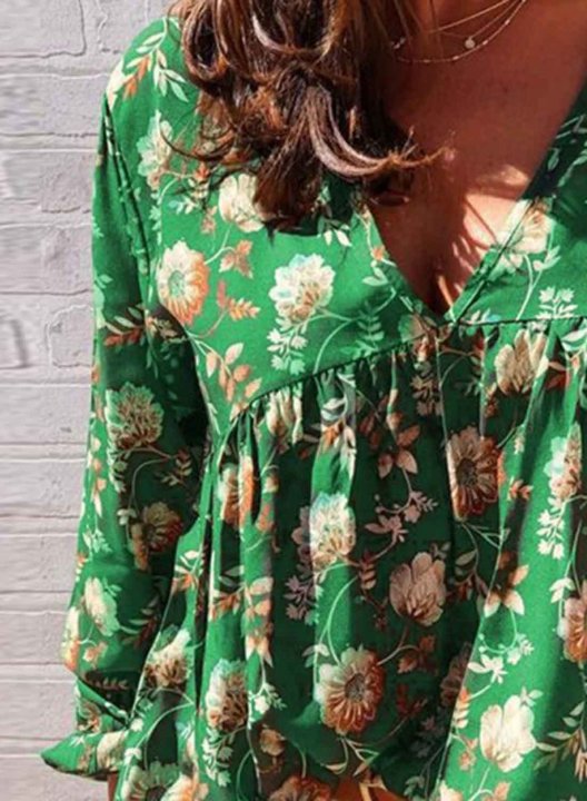 Women's Blouses Floral Long Sleeve V Neck Daily Vacation Beach Boho Blouse