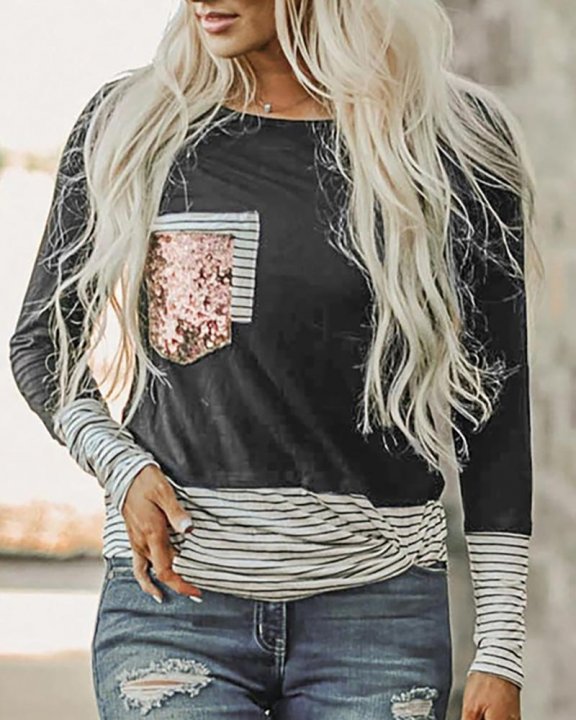 Sequins Striped Colorblock Casual Top