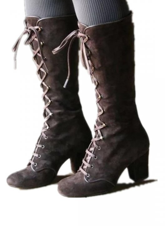 Women's Boots Solid Lace-up Chunky Heels Side Zipper Boots