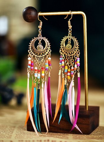 Women's Earrings Colorful Rice Beads Tassels Retro Hollow Long Feather Earrings