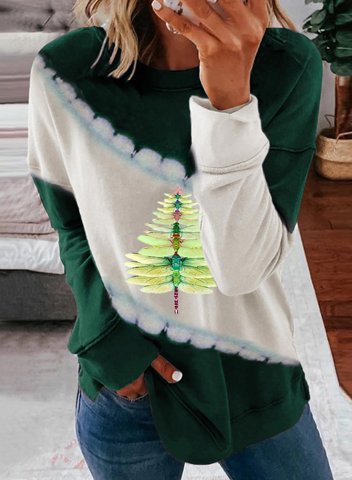 Women's Dragonfly Tree Print Sweatshirt Color-block Long Sleeve Round Neck Sweatshirt
