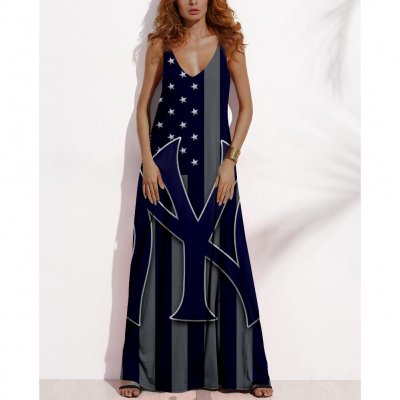 Women's Summer NEW YORK YANKEES Fan Print V-Neck Sleeveless Loose Long A-line Dress