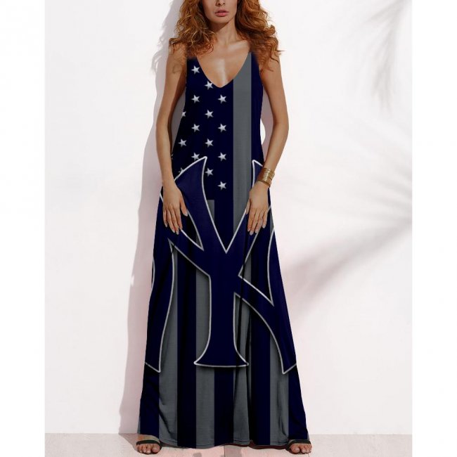 Women's Summer NEW YORK YANKEES Fan Print V-Neck Sleeveless Loose Long A-line Dress