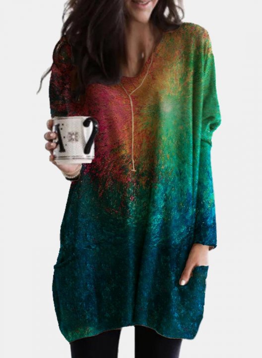 Women's Tunics Tops Multicolor Tie dye Long Sleeve V Neck Pockets Daily Tunic