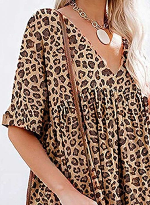 Women's Mini Dresses A-line Leopard Short Sleeve V Neck Beach Casual Mini Dress